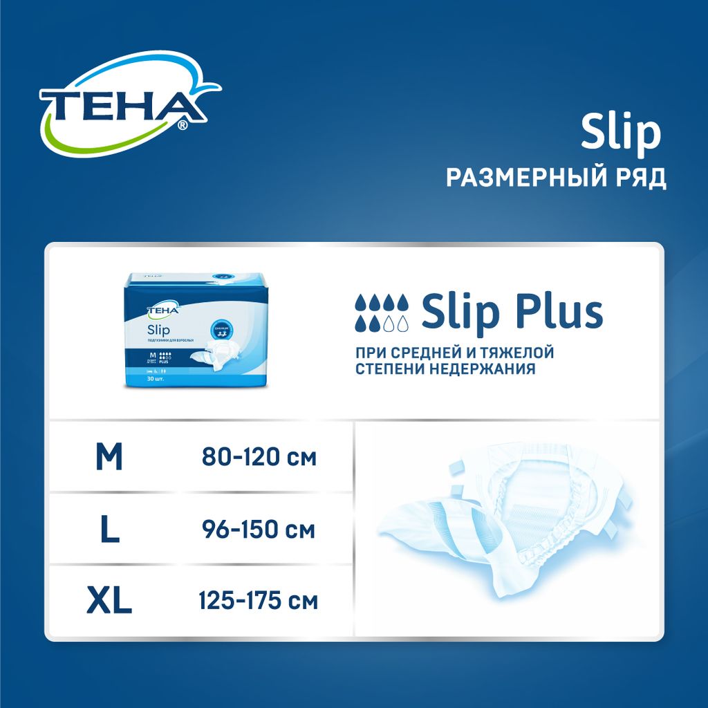 Подгузники для взрослых Tena Slip Plus, Medium M (2), Plus (6 капель), 30 шт.