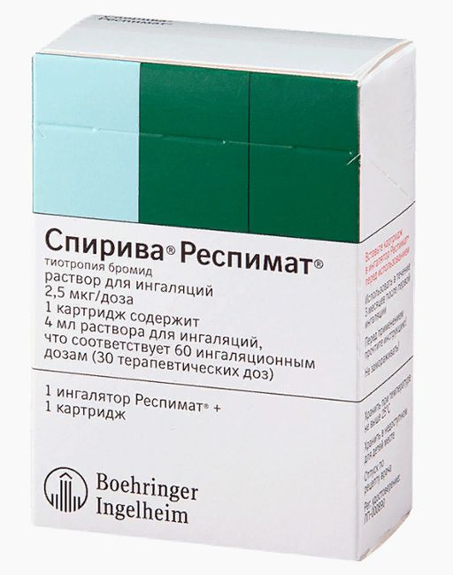 Спирива Респимат, 2.5 мкг/доза, 60 доз, раствор для ингаляций, в комплекте с ингалятором Респимат, 4 мл, 1 шт.