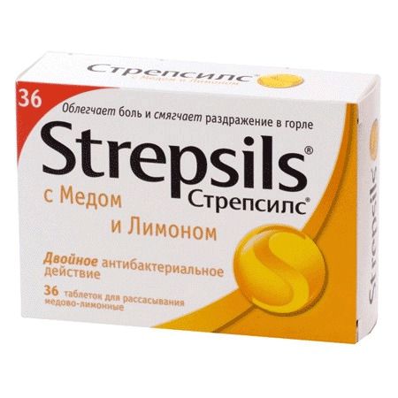 Стрепсилс, таблетки для рассасывания, со вкусом меда и лимона, 36 шт.